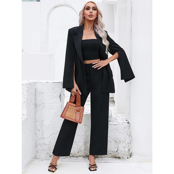 2 piece pantsuit set: Cloak Sleeve slit Double Button Blazer & dress Pants - Picture 10 of 11